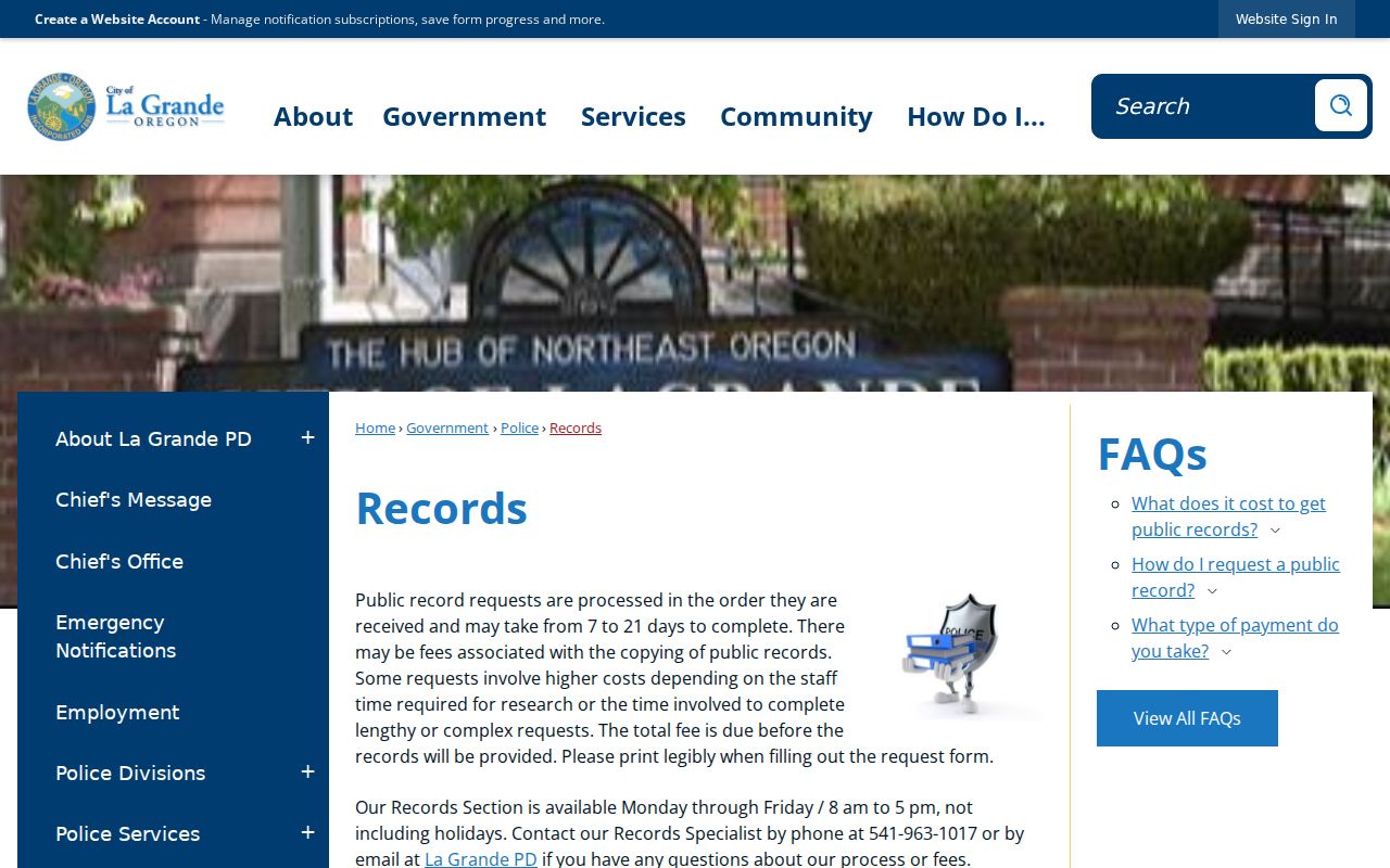 La Grande police channel for Union County arrest records