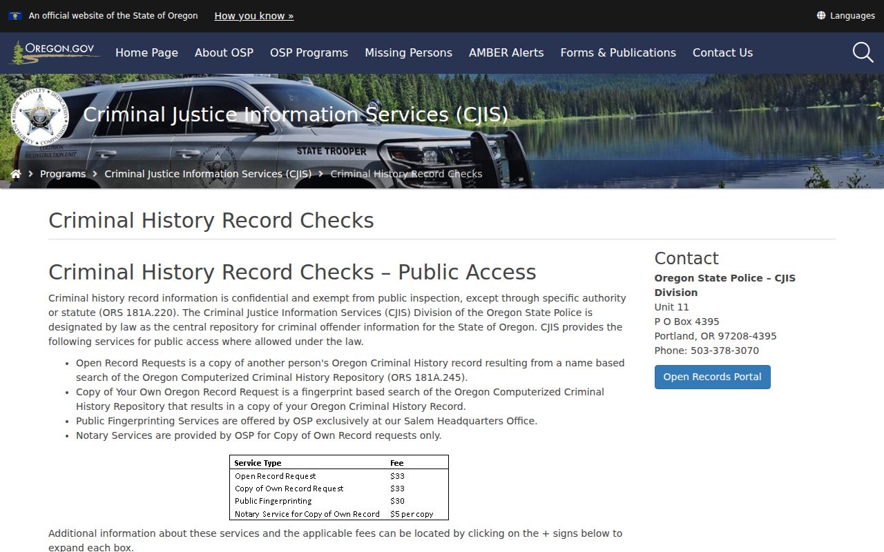 Union County criminal history Oregon State Police CJIS information