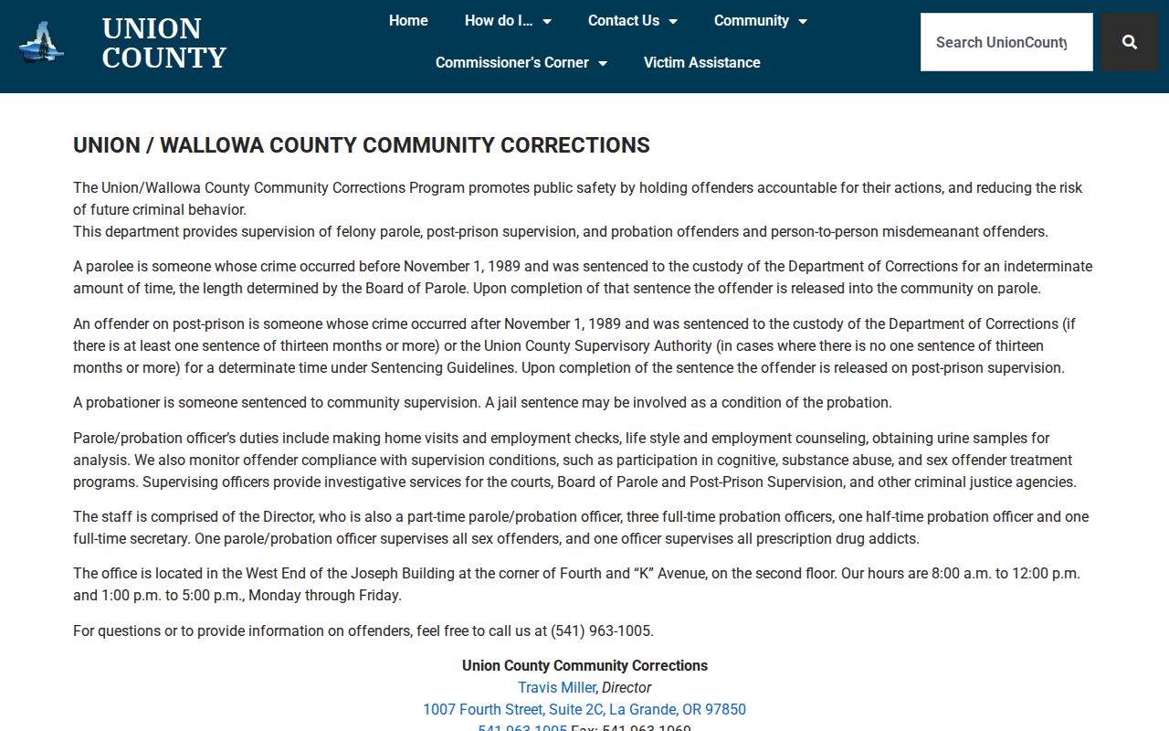 Union County criminal history community corrections office